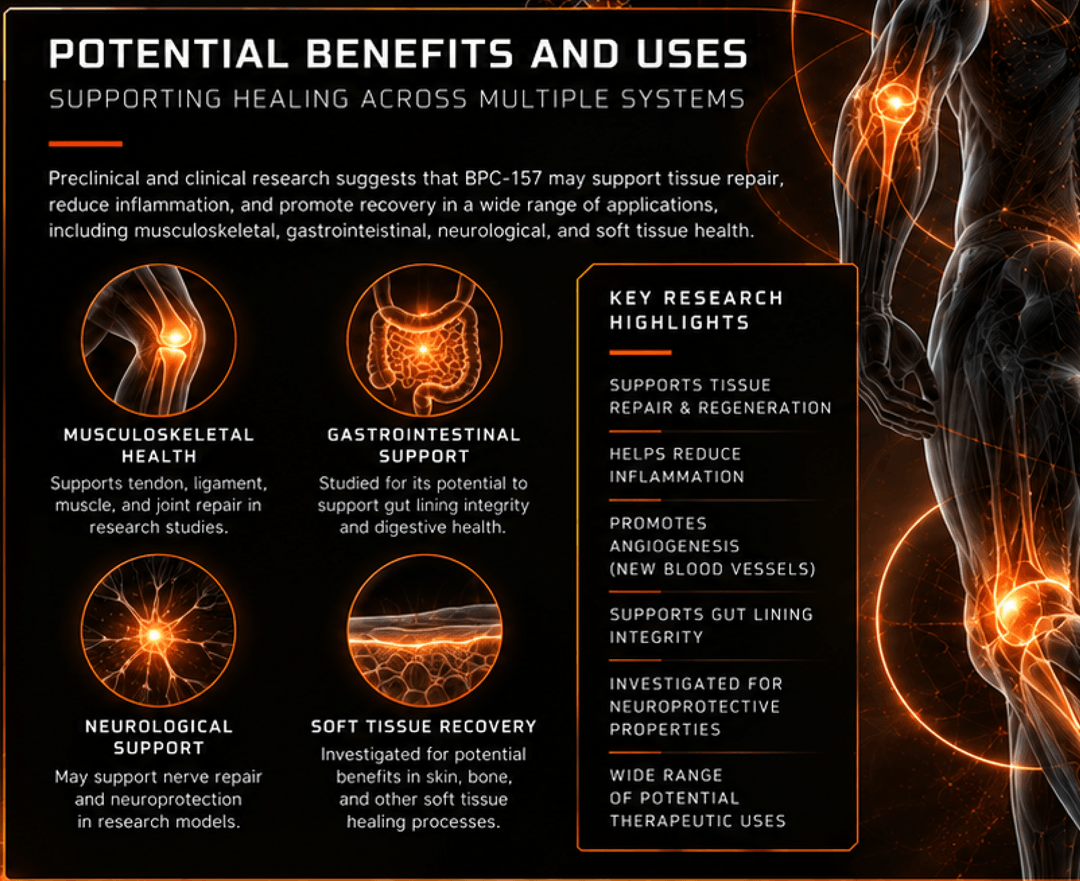 BPC-157 Potential Uses and Research Highlights Diagram